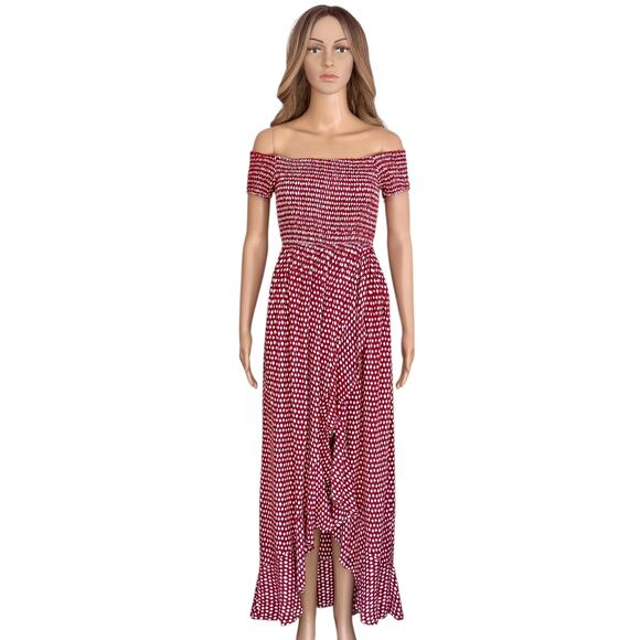 Tiare Hawaii Cheyenne Off The Shoulder Cover-up Maxi Dress cotton Red Dot OS - Picture 5 of 9